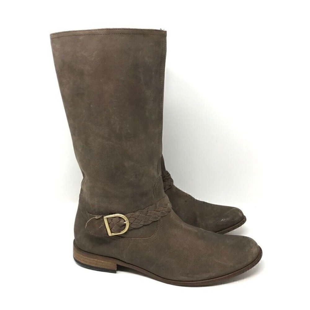 Maluo Womens Riding Boots Brown Suede Leather Mid Calf Buckle Strap Italy US 9.5